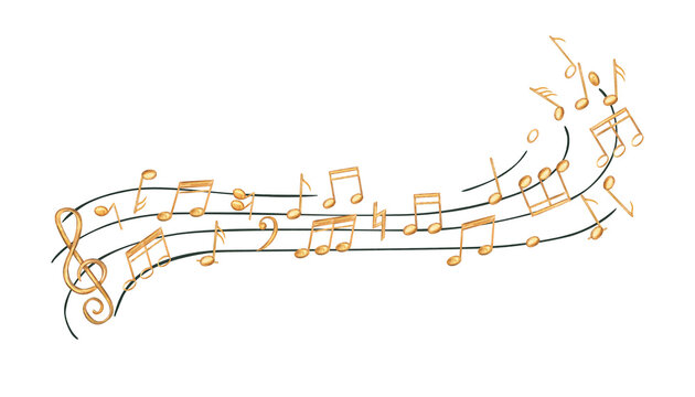 Golden musical notes on black staff watercolor illustration isolated background. Flying sound symbols on waving stave for music branding, educational materials, and concert posters.