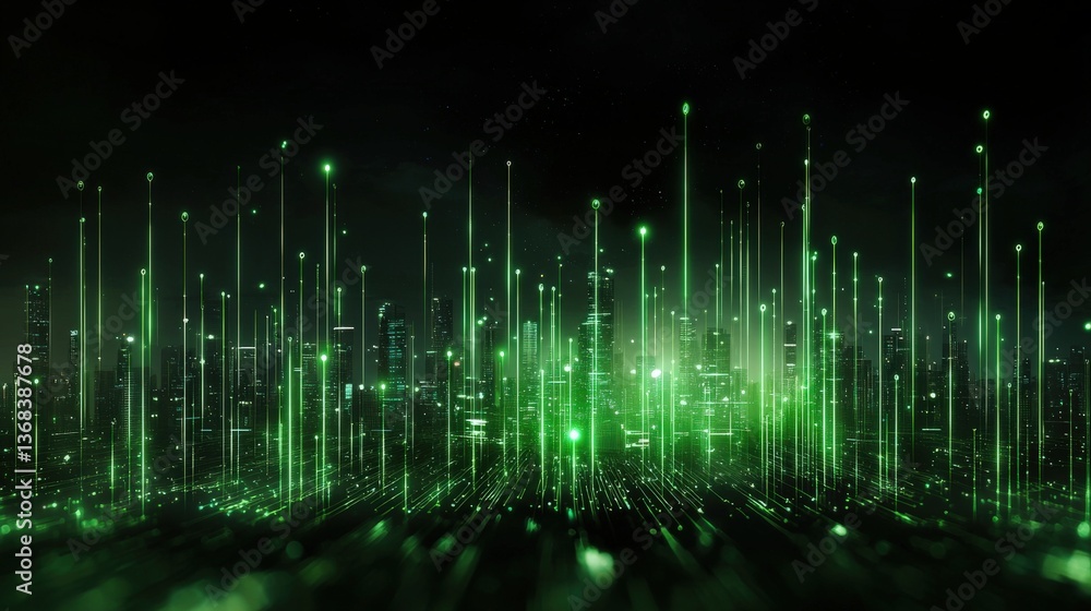 Poster futuristic smart city skyline with data encryption overlay