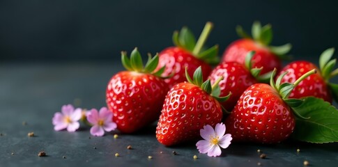 Ripe strawberries with delicate flowers on dark background, red, blossom, fruit
