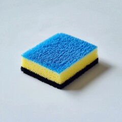 Rectangular sponge with blue, yellow, and black layers. Texture visible. Cleanliness