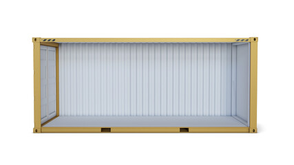 Yellow shipping container with one side wall removed. Side view of container isolated on...