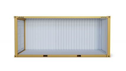 Yellow shipping container with one side wall removed. Side view of container isolated on transparent background. Mock up for packaging goods and storage solutions. 3D illustration
