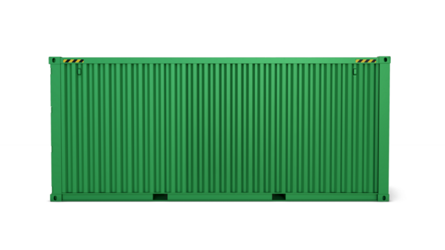 Side view of a green 20-foot container isolated on transparent background. 3D illustration