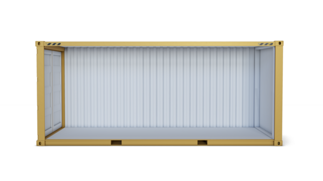 Yellow shipping container with one side wall removed. Side view of container isolated on transparent background. Mock up for packaging goods and storage solutions. 3D illustration