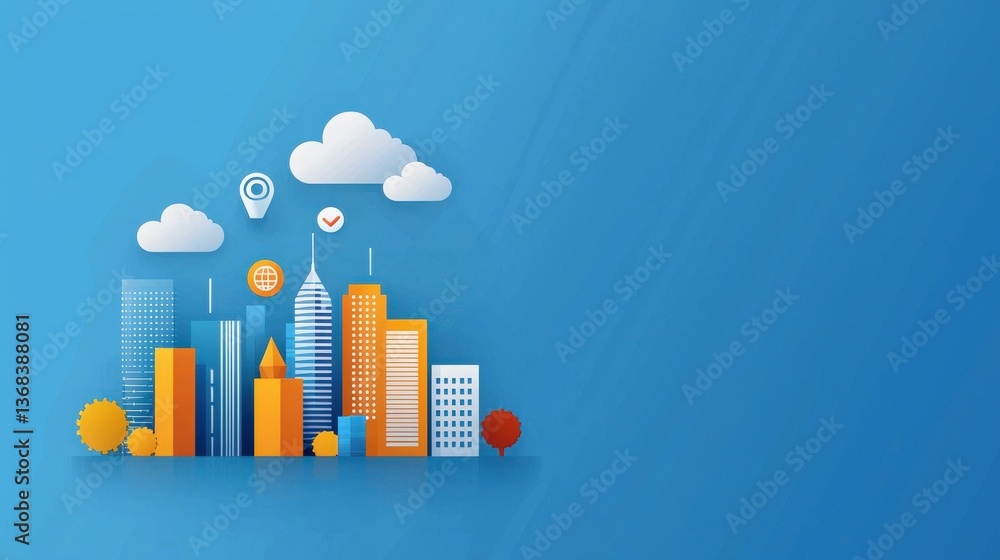Poster futuristic smart city skyline with data encryption overlay
