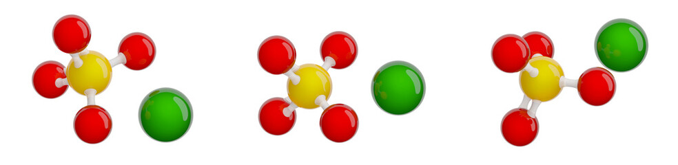 Molecule of Barium sulfate. Set of views. Molecular formula: BaSO4. Chemical model: Ball and stick. Isolated. Transparent background. 3D illustration