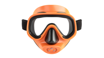 Orange full face diving mask with black elements, cut out transparent