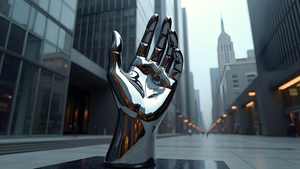 Obraz premium Urban art: A shiny, chrome hand sculpture in the city.