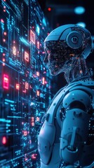 Futuristic robot analyzing digital circuit board