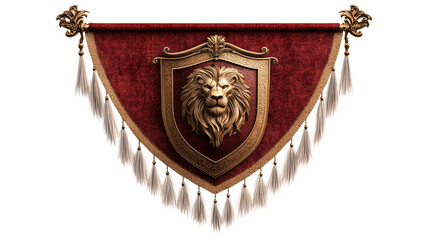 Lion crest shield on red banner with tassels, cut out transparent