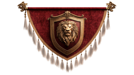Lion crest shield on red banner with tassels, cut out transparent
