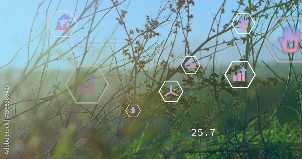 Poster image of digital icons and data processing over power lines on field
