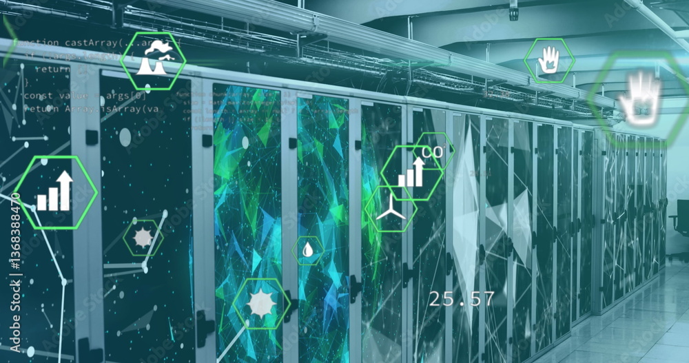 Poster image of digital icons and data processing over server room