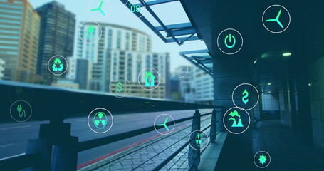 Image of digital icons over cityscape