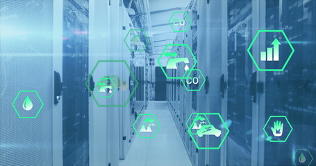 Image of digital icons over server room