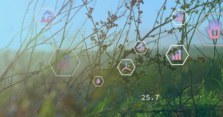 Image of digital icons and data processing over power lines on field