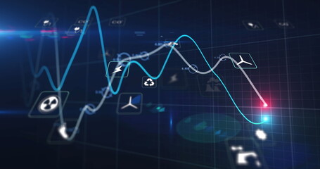 Image of digital icons and data processing over black background