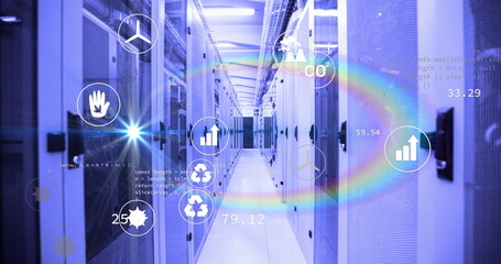 Image of digital icons and data processing over server room