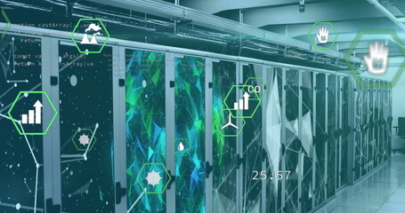 Image of digital icons and data processing over server room