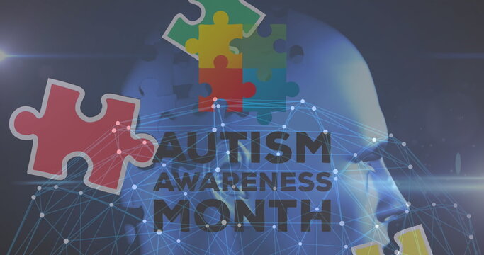 Image of colourful puzzle pieces, globe and autism awareness month text