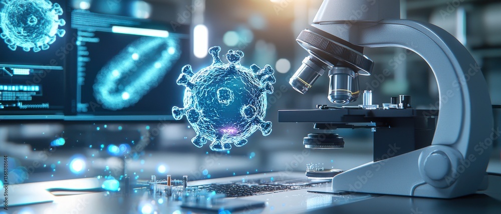 Poster futuristic laboratory setting with a high-tech microscope displaying digital data and molecular anal
