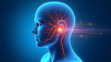 Human Ear Neural Pathways Sending Signals to the Brain Depicted in a Medical Illustration