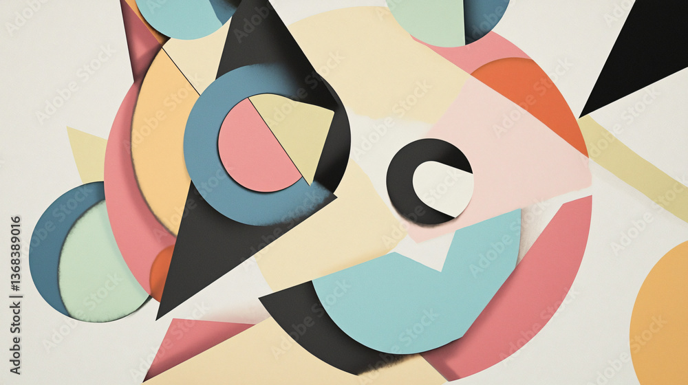 Poster striking and colorful abstract artwork featuring fragmented circles and angular shapes layered in a 