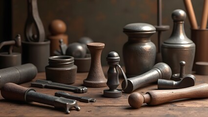 Metal and Wood Crafting Tools Still Life, Metalwork Equipment on Wooden Tabletop, Handmade Manufacturing