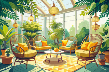 Fototapeta premium vector of Sunlit Sanctuary: Relaxing boho chic sunroom interior design with wicker chairs, yellow pillows, and lush potted plants. A tranquil space perfect for peace and quiet.