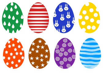 Vector graphic of eight colorful painted easter eggs with different patterns against white background. Illustration made March 28th, 2025, Zurich, Switzerland.
