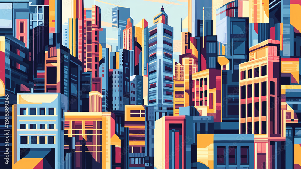 Poster unique cityscape painting rendered in cubist style featuring fragmented buildings and layered geomet