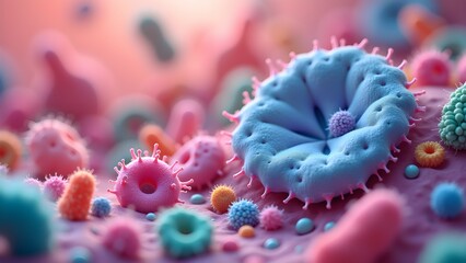 Colorful Microscopic Virus Cells: Scientific Illustration of Disease and Infection (109 characters)