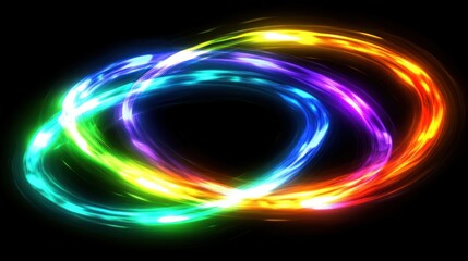 Abstract rings of rainbow lights glow against a black background.
