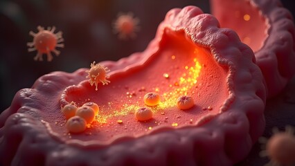 Detailed Microscopic View of Virus Attacking Cells, Depicting Infection and Medical Research