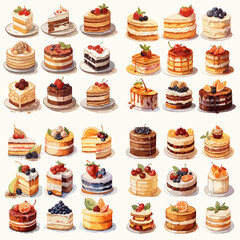 Collection of assorted mini layer cakes topped with fruit, cream, and chocolate. Perfect for dessert menus, patisserie packaging, party invitations, or sweet treat illustrations.

