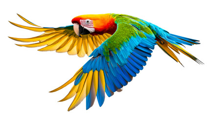 Obraz premium Macaw parrot flying with spread wings in tropical colors, cut out transparent