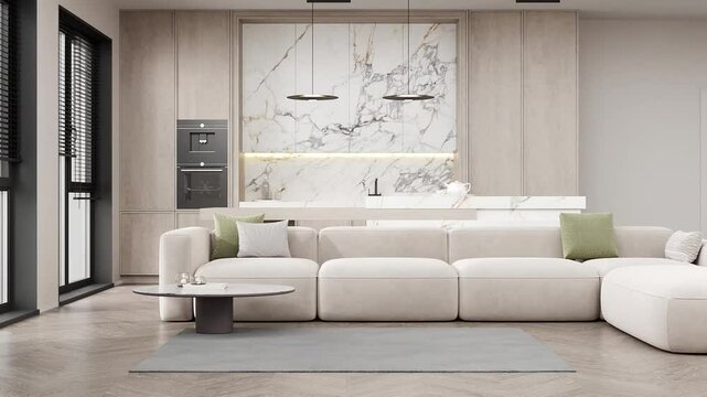 Stylish living room with kitchen in warm natural colors, interior with white sofa 3d rendering