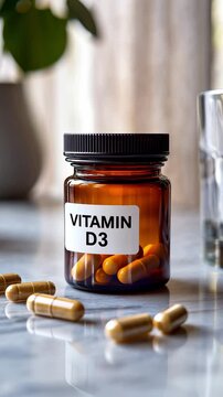 Brown bottle containing vitamin d3 capsules sits on a marble counter near a glass of water in a domestic, indoor setting during the daytime