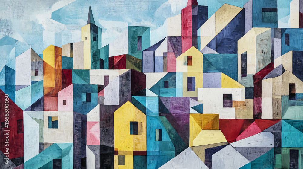 Poster abstract cityscape artwork depicting a collection of buildings in a cubist style with fragmented for