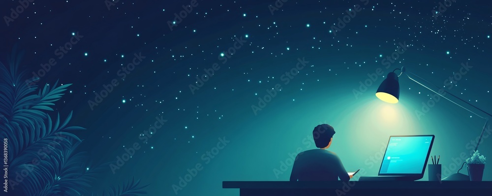 Poster Programmer working late at night under starry sky