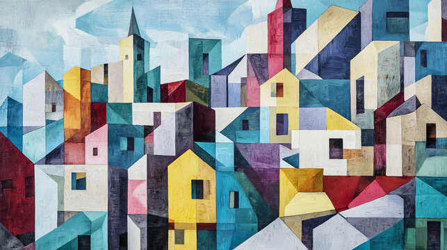Abstract cityscape artwork depicting a collection of buildings in a cubist style with fragmented forms and layered geometric shapes.