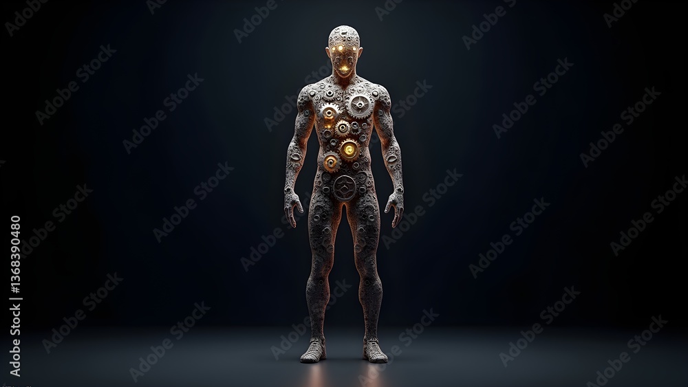 Poster humanoid robot with gears and cogs: a blend of technology and anatomy