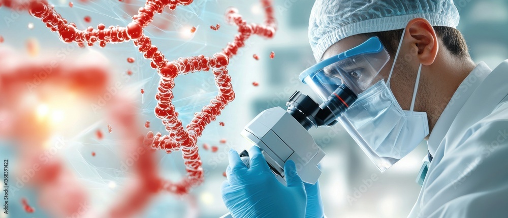 Poster a scientist in a modern, high-tech laboratory using advanced equipment and technology to conduct gen