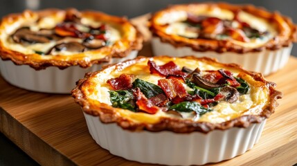 These three quiche tarts feature layers of rich flavor with bacon, mushrooms, and spinach nestled in a crisp pastry, perfect for a tasty brunch or dinner highlight.