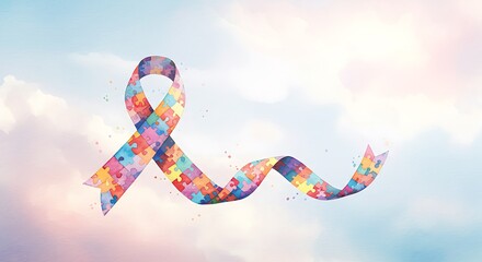 Colorful Awareness Ribbon with Puzzle Pieces, Representing Autism.
