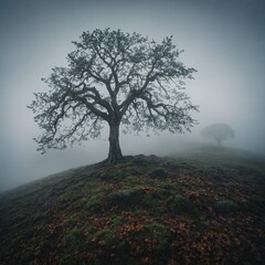 Obraz premium The Tree With Leaves Made of Mist – A lone tree standing on a hill, its branches covered in swirling mist instead of solid leaves.