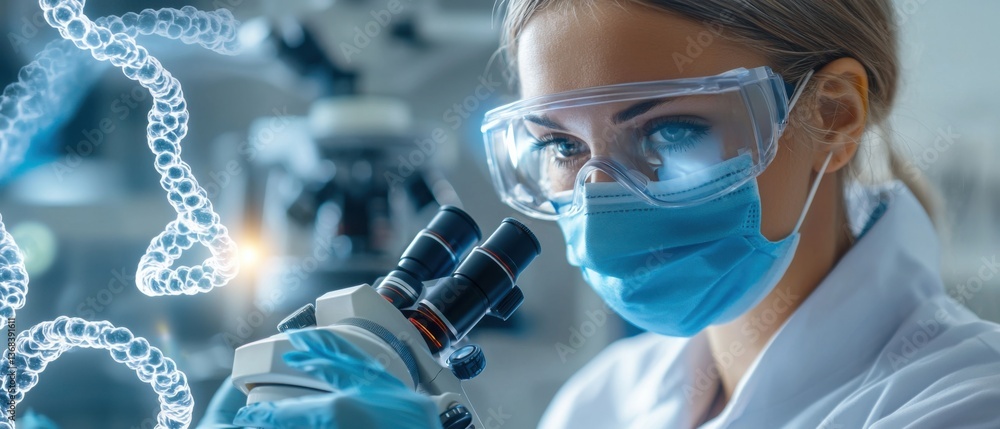 Poster a scientist working with advanced gene-editing technology in a modern, high-tech laboratory setting,