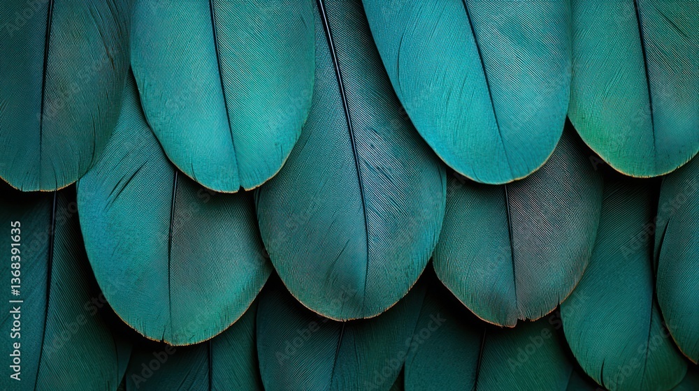 Poster close-up view of vibrant teal feathers. detailed view of overlapping feather structure. intricate pa