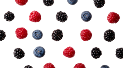 Berries pattern background of raspberries, blackberries, blueberries, cut out transparent
