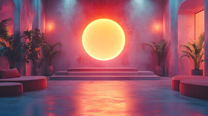 Vibrant modern interior with large sun backdrop, showcasing colorful lighting and plants